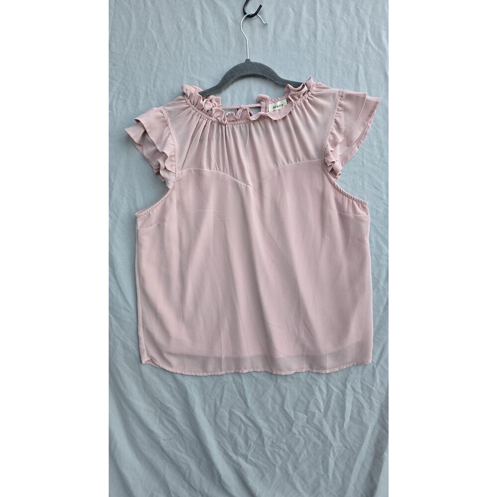 Monteau Blouse Womens XL Pink Ruffle Flutter Sleeve Sheer Lined Chiffon Top